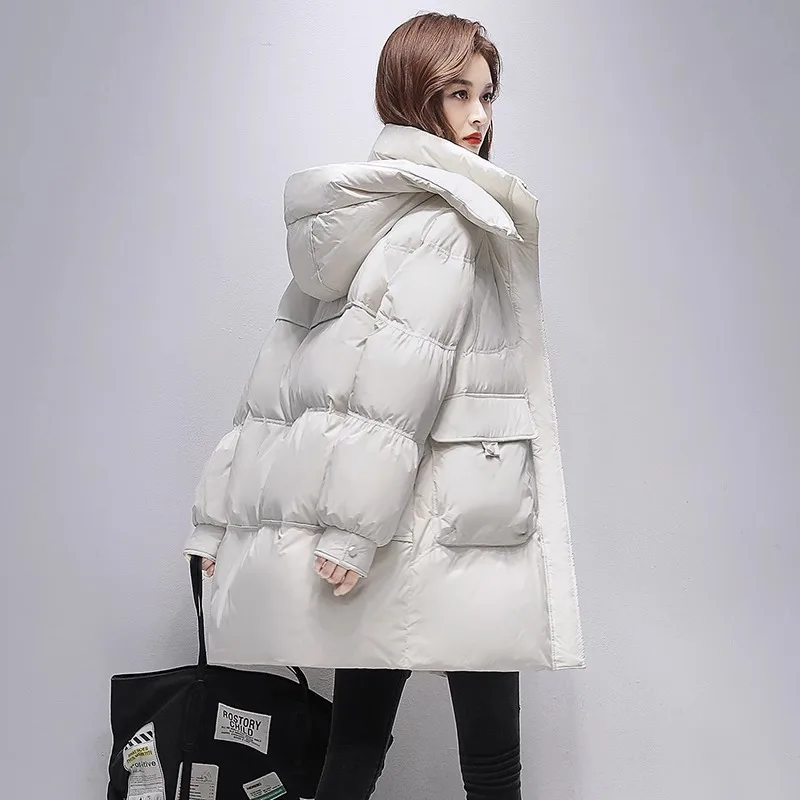 Winter Women\'s Down Jacket Medium-length Parka High-end 90 White Duck Down Hooded Jacket Loose Large Pockets Bread Down Jacket