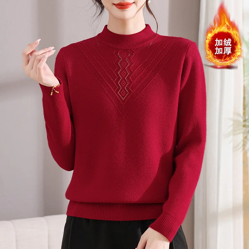 두꺼운 벨벳 따뜻한 여성 의류 플리스 니트웨어 겨울 옷 여성 터틀넥 중년 어머니 스웨터 탑스 풀 펨므