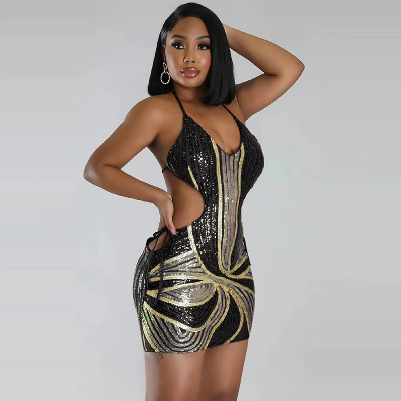 Lace up neck hanging sleeveless sequin dress hip hugging mini skirt party fashion preferred formal dress banquet dress