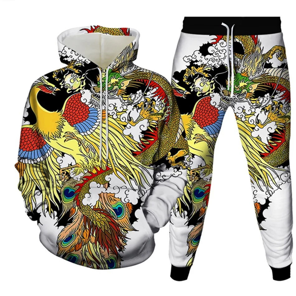 Men Clothes Tracksuit Hoodies Pants 2 Pieces Sets Autumn Winter New Animal Dragon Phoenix Cloud Florial Peacock Harajuku Style