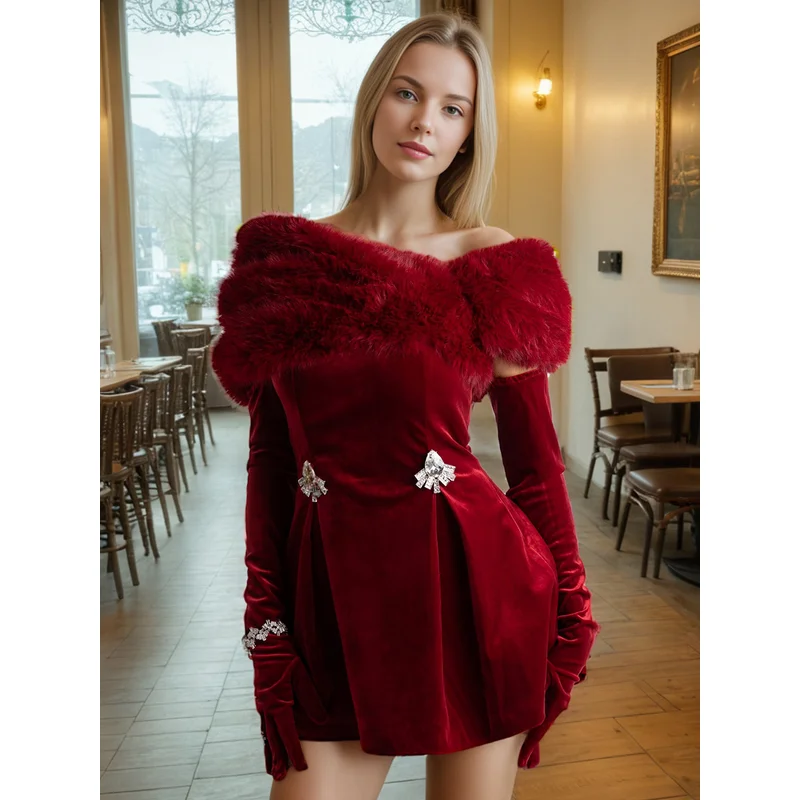 

Velvet Dress 2025 Chrismas Fur Collar Patchwork Diamond Classy Sexy Tube Top Mini Dress Party Prom With Gloves For Women