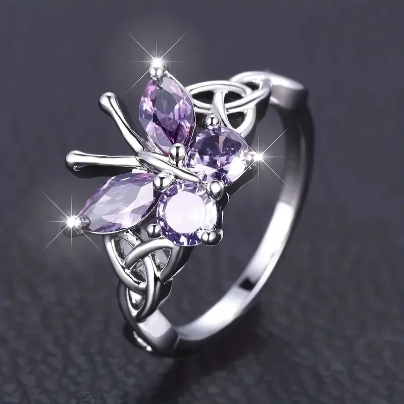 Huitan Romantic Purple Butterfly Rings for Women Charming Purple Cubic Zirconia Aesthetic Female Rings Party Fashion Jewelry