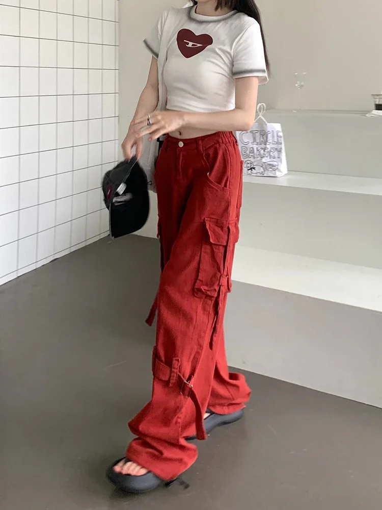 Fashion Street Casual Loose Woman Jeans Simple Basic High Waist Cargo Pants Female American Hiphop High Street Red Women Jeans