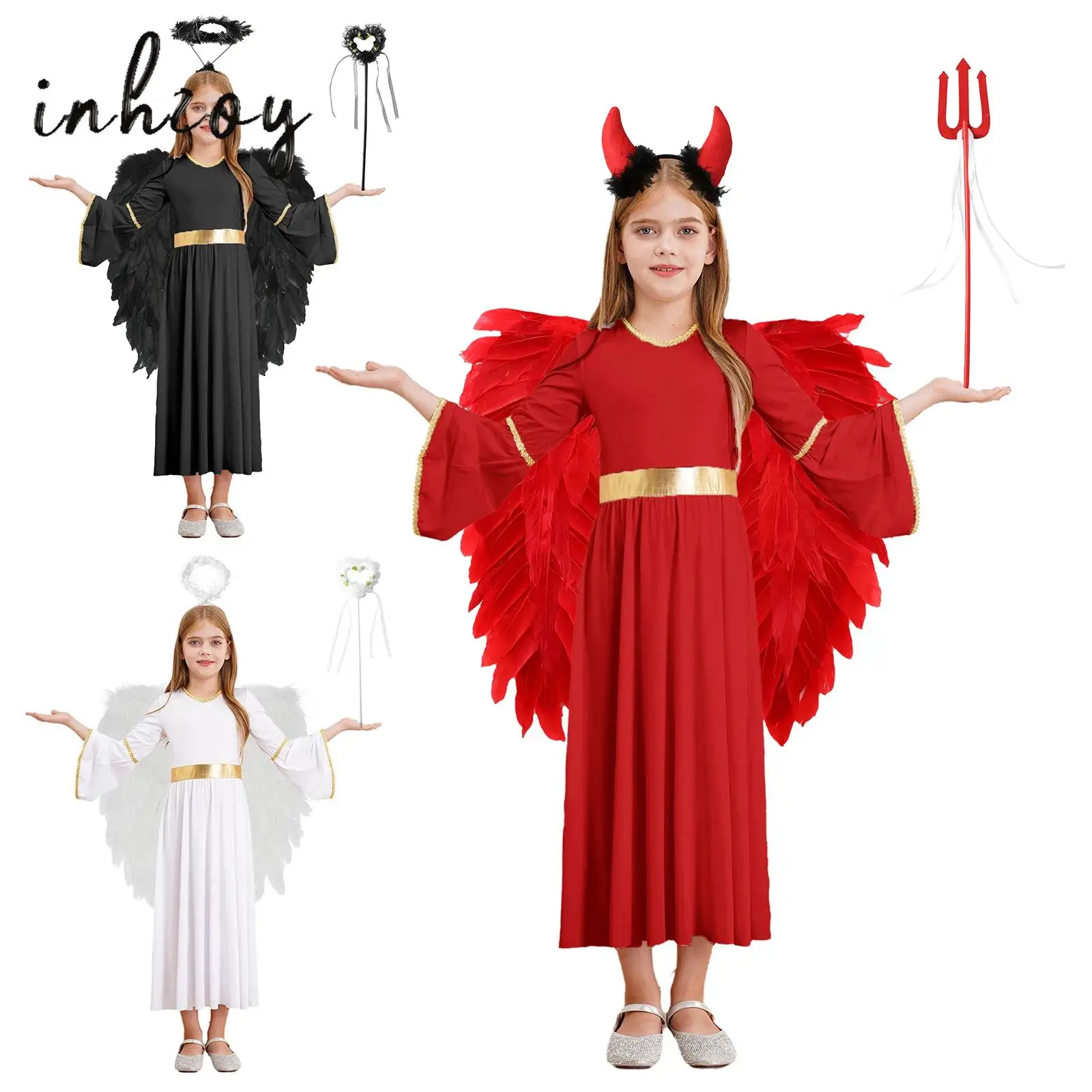 

4Pcs Kids Girls Angel Devil Cosplay Costume Long Sleeve Dress with Wings Hairband Accessories Set for Festival Performance