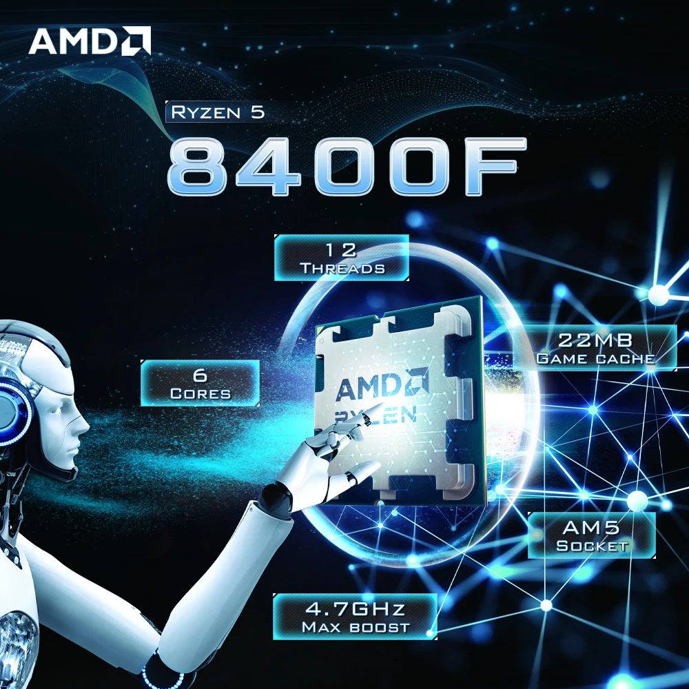 AMD Ryzen 5 8400F DDR5 6-Cores 12-Threads 4.7GHz New PCIe 4.0 Desktop computer CPU processor with Socket AM5 R5 8400f but no fan