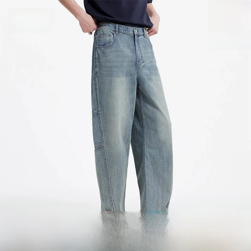 Calça Jeans Masculina Semir Vintage de Perna Reta Solta, Estilo Workwear, Nova Chegada de Verão, Algodão Respirável, Moda Jovem, Cintura Média com Zíper
