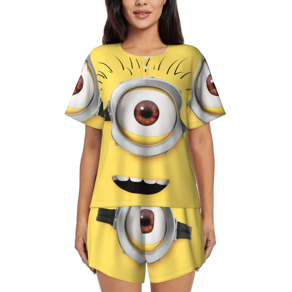 Custom Womens Cartoon Animation Minions Pajamas Set Print Short Sleeve Sleepwear Loungewear Pjs 2 Piece Sets