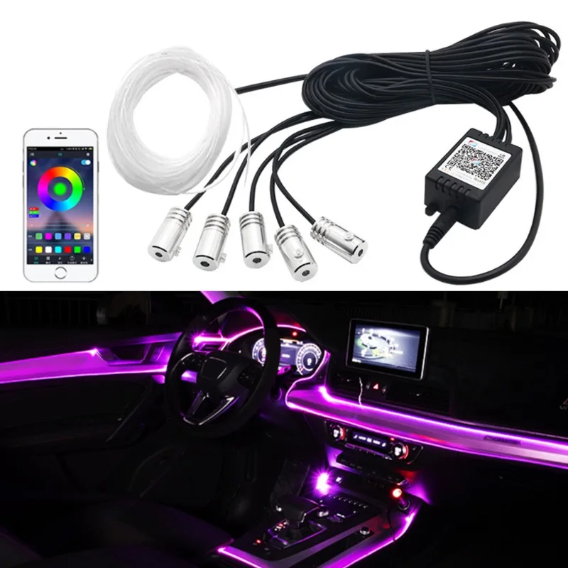 

LED Car Interior Ambient Strip Lights RGB Fiber Optic Atmosphere Neon Lighting Kit W/ APP Control Auto Decorative Lamps Caravan