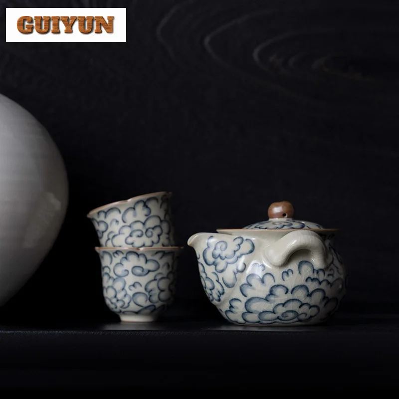 190ml Retro Ru Kiln Hand Grasping Gaiwan Japanese Blue and White Cloud Tea Tureen Tea Maker Cover Bowl Tea Ceremony Collection