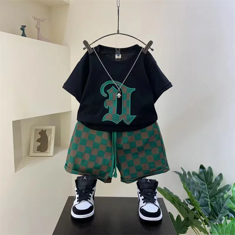 Fashion Korean Plaid Summer Set Short Sleeve T-Shirts Tops And Pants Two Piece Kids Sport Clothing Baby Boys Clothes Girls Suit