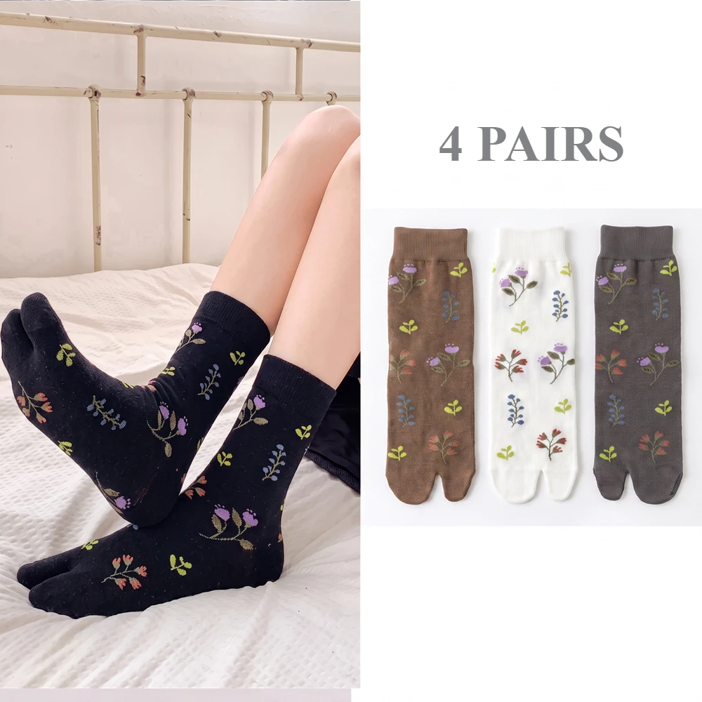 4 Pairs Women Floral Toe Socks High Quality Cotton 2 Finger Socks Cute Flower Middle Tube Crew Socks with  Separate Fingers