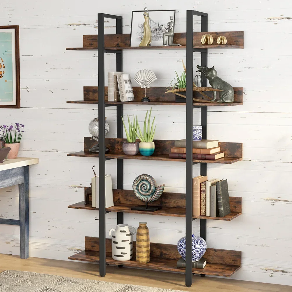 Tribesigns 5 Tiers Bookcase, 5-Shelf Industrial Style Etagere Bookcases and Book Shelves, Metal and Wood Free Vintage Bookshelf