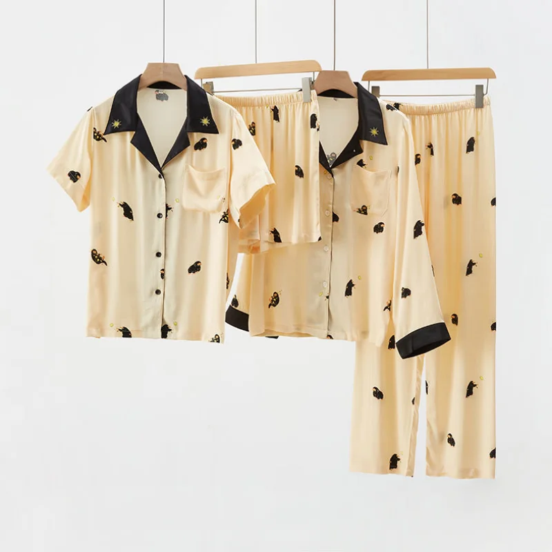 

2023 Summer Satin Cartoon Printing Women's Pajamas Neckline Embroidery Comfortable Sleepwear Set Viscose Long Sleeve 2 Pieces