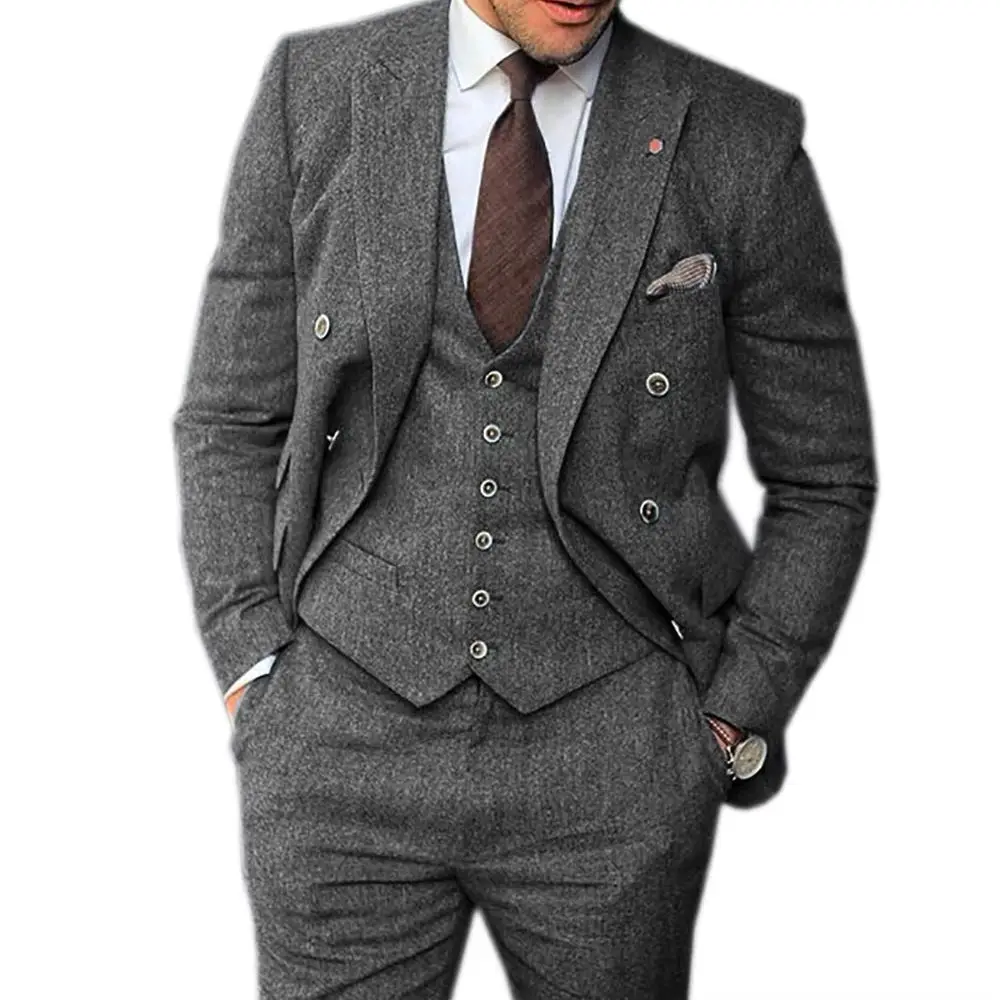 Men's Suit Formal Herringbone Pattern Lapel Tuxedo Gentleman's Texture Solid Color Classic Design/Tuxedo Business Meeting 3-piec