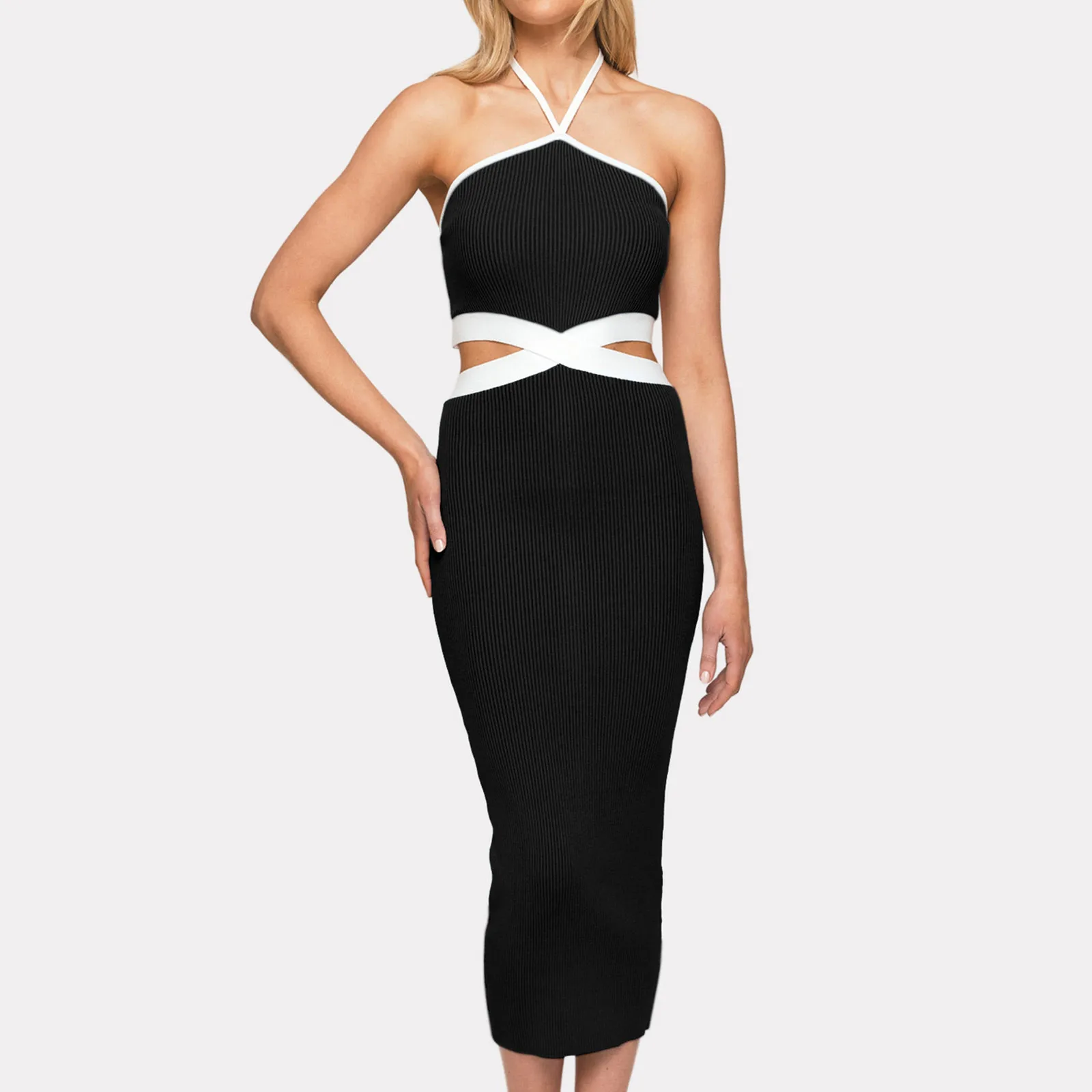 2024 Women's Dresses New Summer Sexy Backless Cut-Out Halter Black Tight Midi Sundress Elegant Evening Club Party Dress платье