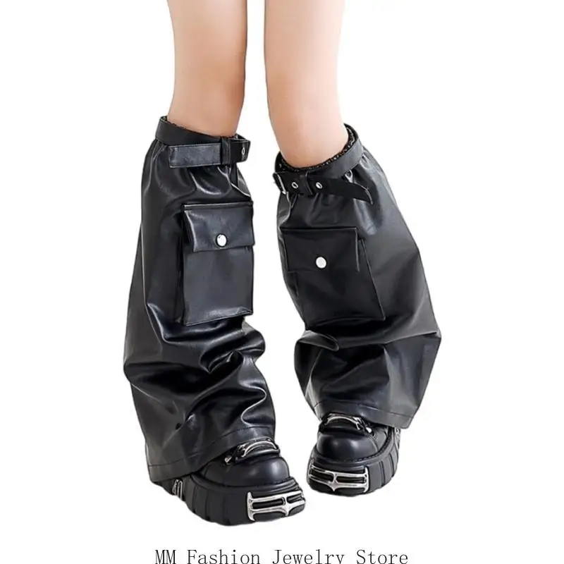 

Gothic Punk Black Leg Warmers with Flap Pocket Harajuku Faux Leather Leg Covers Baggy Loose Flared Long Socks for Women