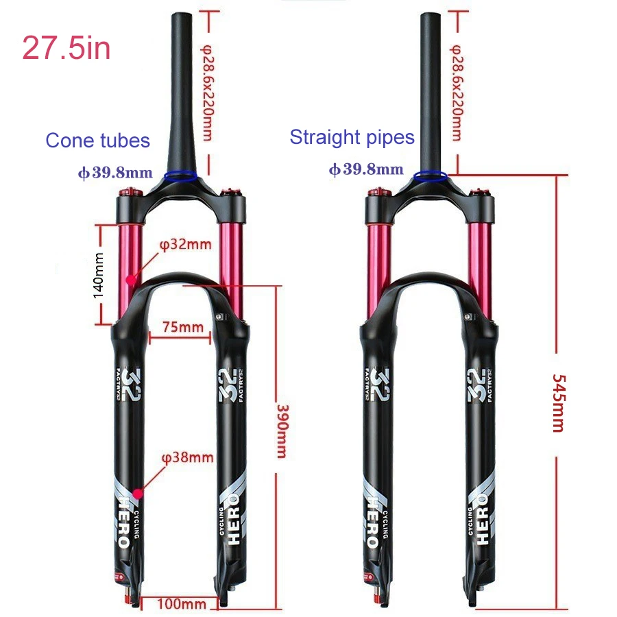 Fourche à suspension à tube conique droit pour VTT, alliage de magnésium, réglage de l'amortissement, course de 140mm, 26 