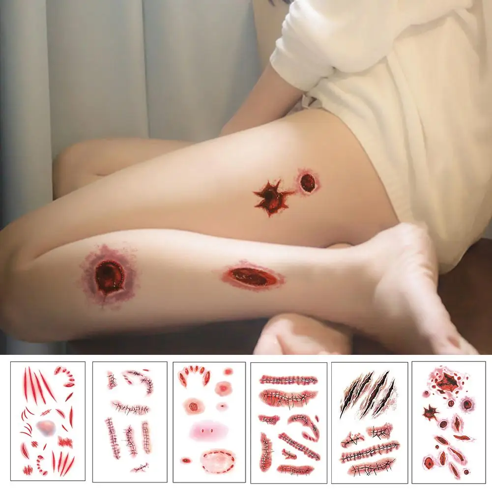 Nueva pegatina de tatuaje de cicatriz de herida de Halloween para mujeres y hombres, pegatina de tatuaje de arte corporal para brazo, simulación impermeable de arañazos para heridas Par N0Z3