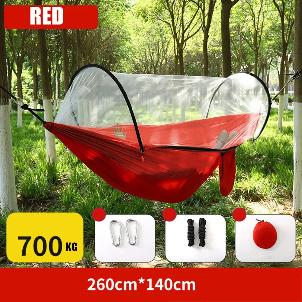 260*140cm Portable Hammock with Mosquito Net – Outdoor Camping Hanging Bed with Carabiners & Tree Straps