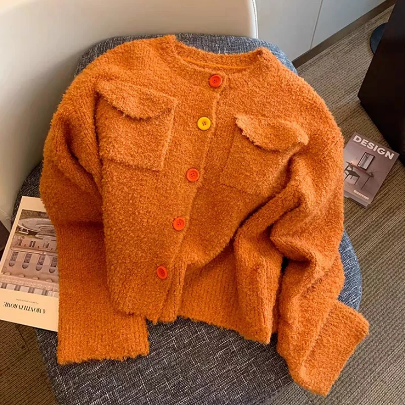 Women\'s Clothing Orange Knitting Sweater Long Sleeves Cashmere Round Neck Solid Vintage Cardigan 2024 Fashion Spring Tops