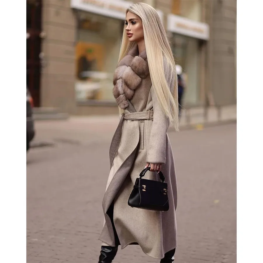 معاطف صوف نسائية مع ياقة فرو الثعلب الحقيقي معطف شتوي دافئ طويل من قماش الكشمير معاطف مزيج صوف فاخرة عالية الجودة