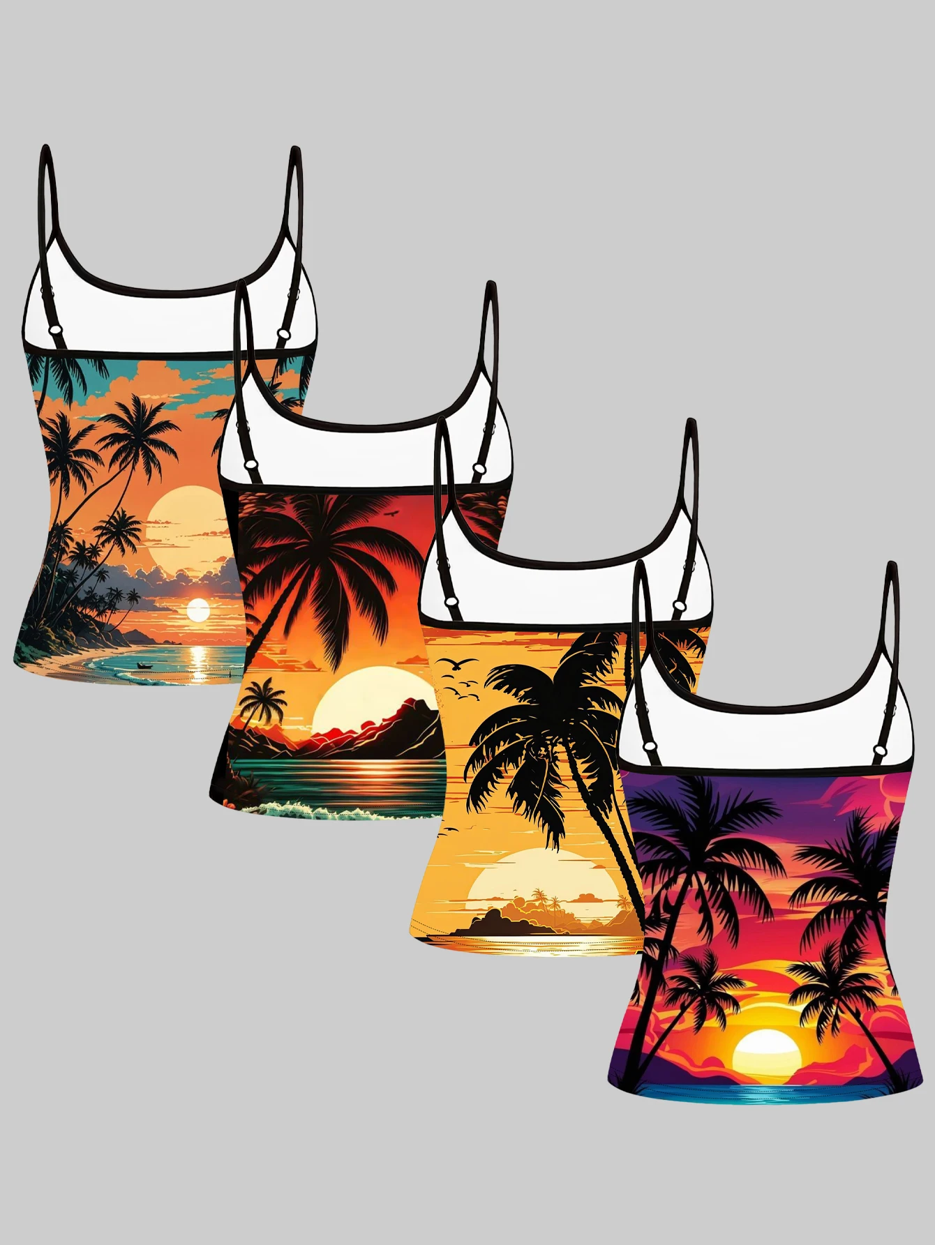 Women's 4-Pack Printed Camisole with Tropical Palm Trees, Seaside Sunset, Waves, and Beach Scenery Design, Slim-Fit, Flattering, Sleeveless Outerwear