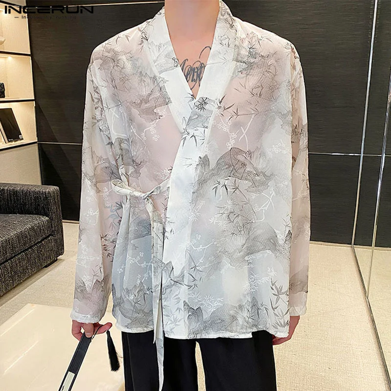 INCERUN-camisa con estampado para hombre, ropa informal holgada de manga larga con cuello de pico y cordones, transparente, a la moda, 2024