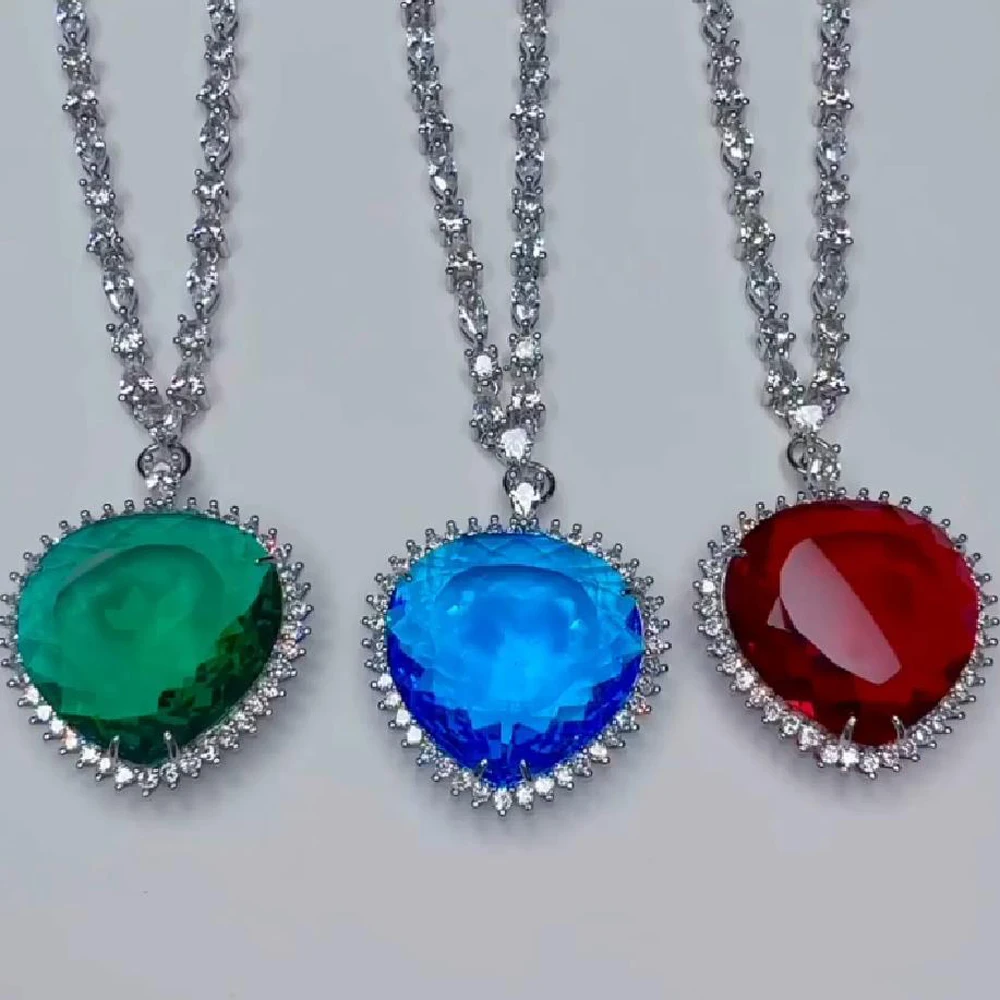 

30*30mm Big Heart Shape Zircon Pendant Necklace Blue Red Green Women Crystal Neck Jewelry Valentine's Day Gift Drop Shopping