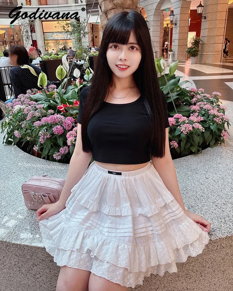 Japanese Style New Women Girls Elastic Waist Layer Lace Splicing Sweet Skirt Spring Summer White Short Cake Skirts