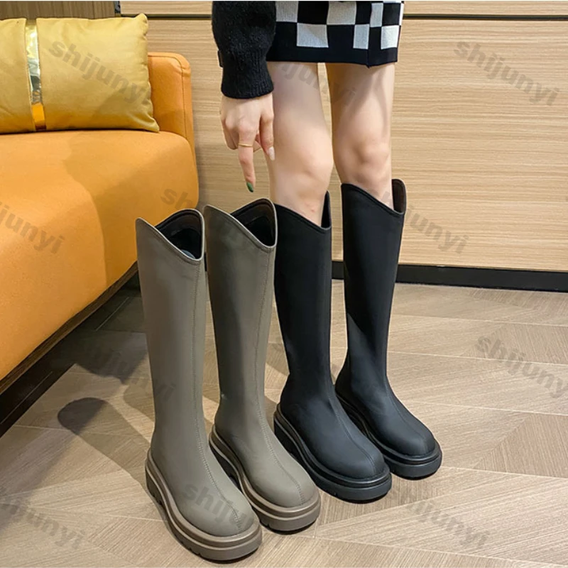 Women Punk Platform Mid Calf Knee Boots Autumn Winter Pu Leather Boots Woman Fashion Thick Sole Knight Botas Mujer Plus Size 42