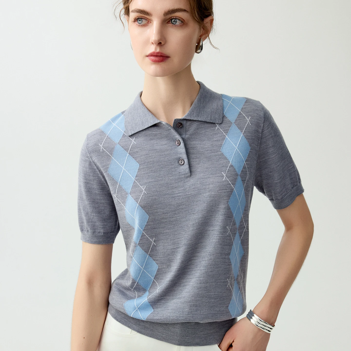 

Yangtze yarn spun diamond grid color blocked 100% wool sweater for women, polo collar, short sleeved vest, thin fashion T-shirt