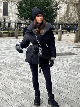 Women Solid Fashion Lapel Tie-up Cotton Coat Long Sleeved Waist Cinched Warm Loose Jacket Lady Casual Commute Winter Outwear 3 Women Solid Fashion Lapel Tie-up Cotton Coat Long Sleeved Waist Cinched Warm Loose Jacket Lady Casual Commute Winter Outwear 3