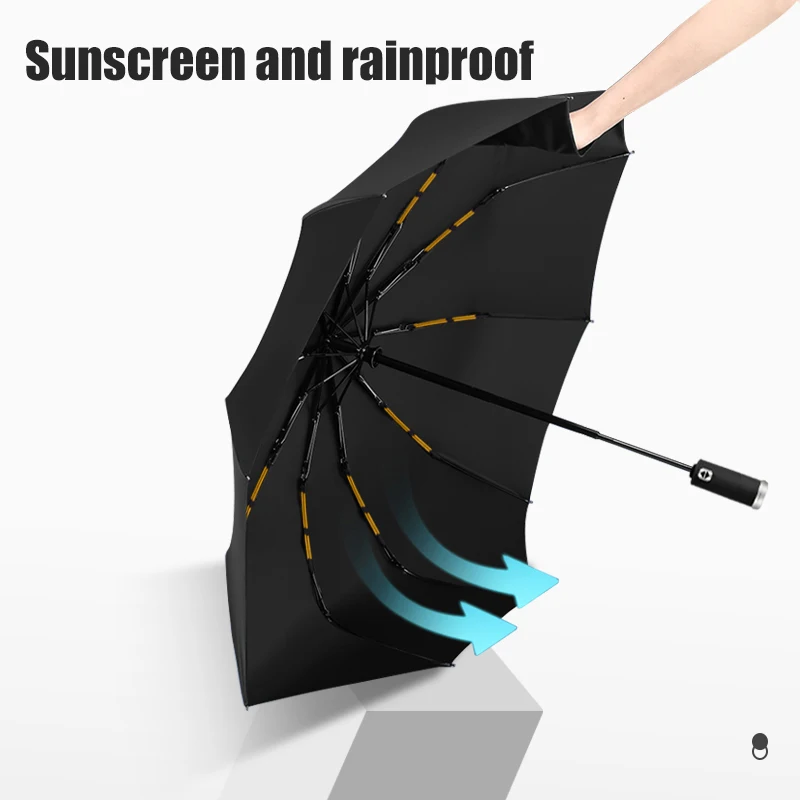 Automatic Umbrella With LED Flashlight Three Folding UV Umbrella For Rain and Sun 10 Ribs Windproof Portable Parasol