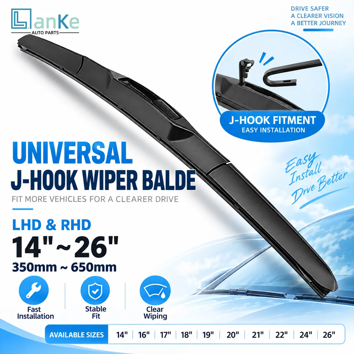 LANKE Universal Car Front Windshield Wiper Blade Triple Section Rubber Wipers Replacement Clear Vision Resistant Auto