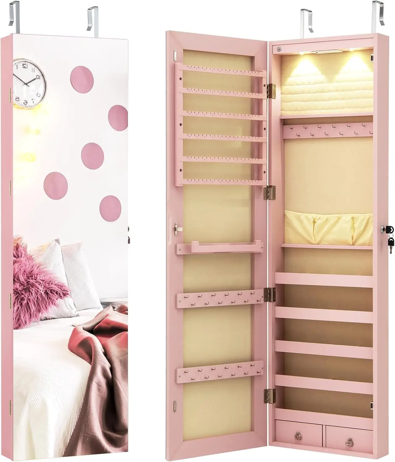 Jewelry Armoire, Full-Length Mirror with Storage, Lockable Mirror Jewelry Cabinet with 2 Drawers, LED Lights, for Women