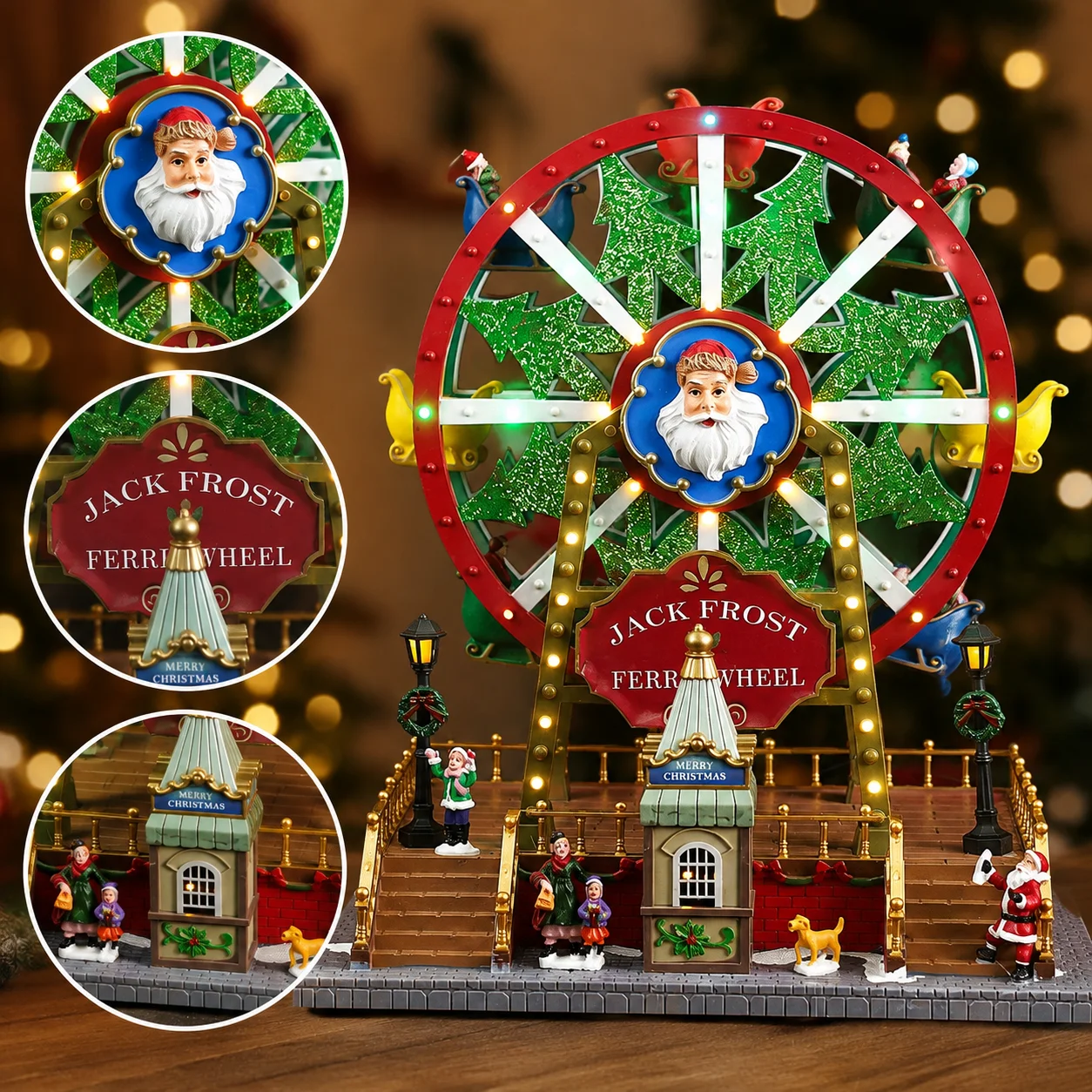 Christmas Tree Ferris Wheel Music Ornament, Santa Center & Rotating Colorful Gondolas LED Lights 35cm