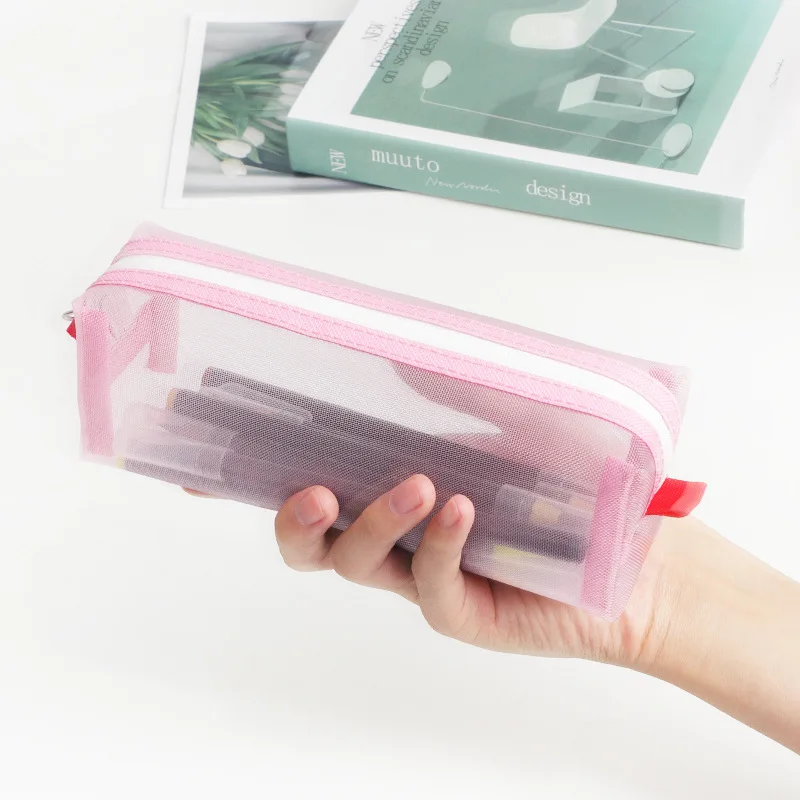 Solid Color Transparent Mesh Pencil Case School Student Supplies Zipper Pencil Bag Pen Box Stationery Storage Bag