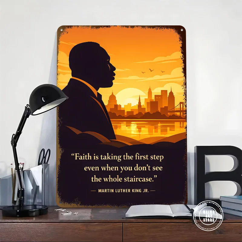 Martin Luther King Jr. Quote With Cityscape Personalized 3D Textured Metal Poster Wall Art Tinplate Sign for Garage Accessories