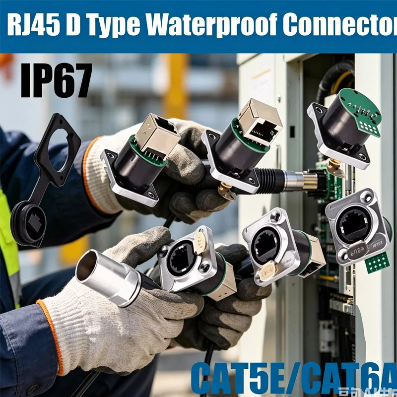 RJ45 8P8C D-type Panel Mount Straight Angled Seat Network Socket CAT6A CAT5E Ethernet Cable Connector Industrial Micro Socket