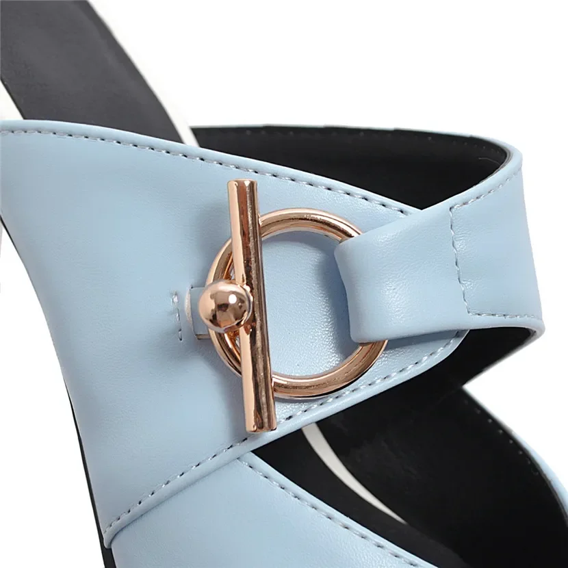 Elegant Women Buckle Sandals Pink Blue White Black High Chunky Heels Slippers Dress Party Pointed Toe Slip-on Summer Lady Mules