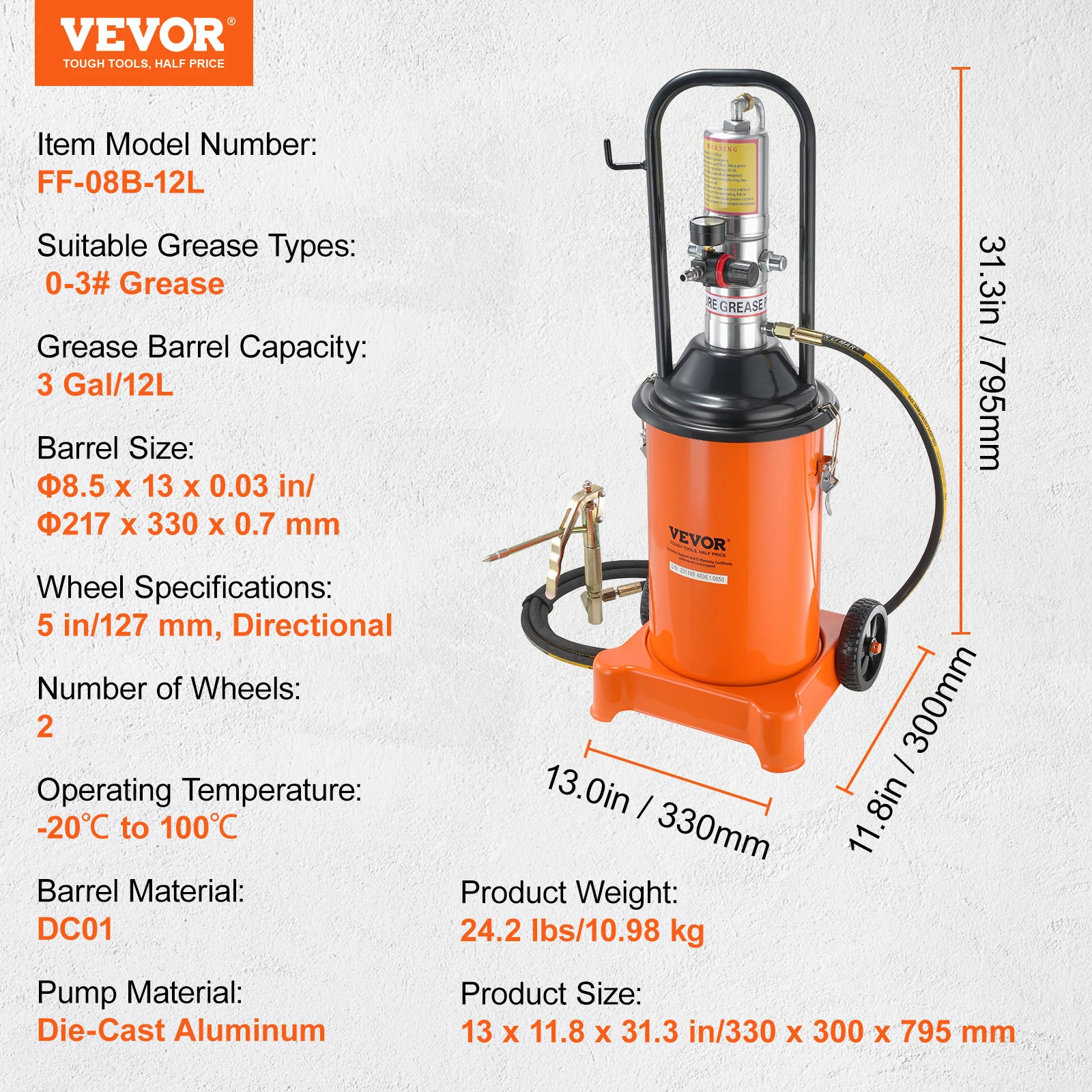 SucceBuy 3/5/10 Gallon Vetpomp Luchtbediening met Slang Pneumatische Vetemmer Pistool en Wielen voor Auto's 50:1 Drukverhouding