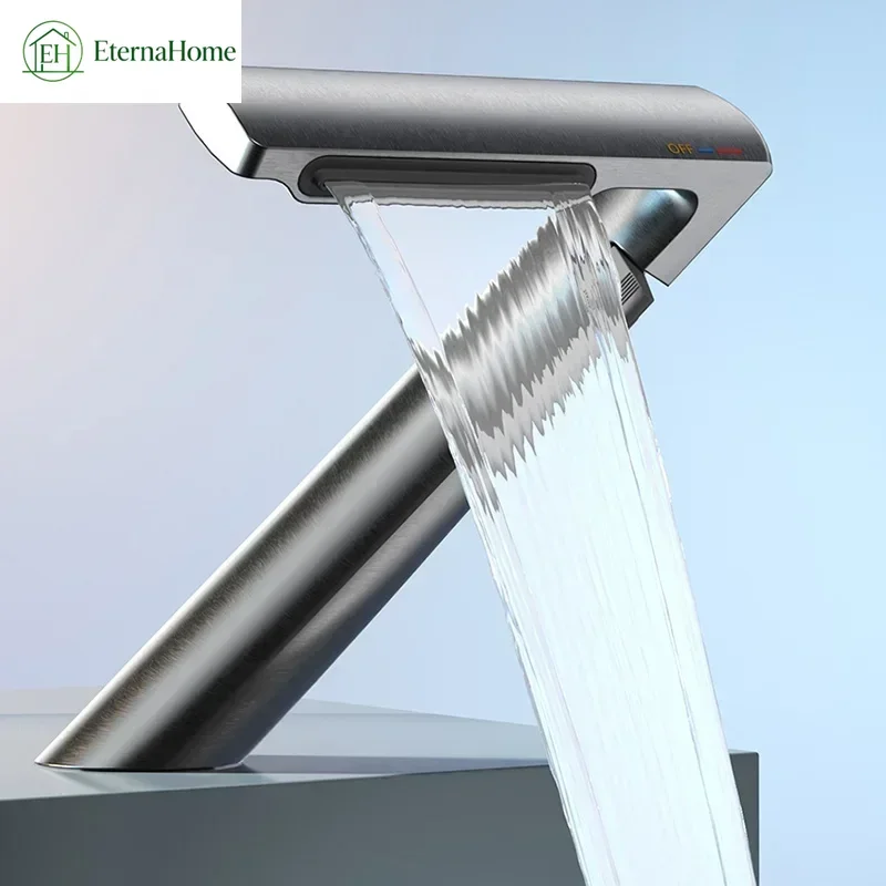 Bionic Waterfall Spout Design Hot and Cold Water Basin Faucet Bathroom Cabinet Light Luxury Gunmetal Gray Washbasin Metal Taps