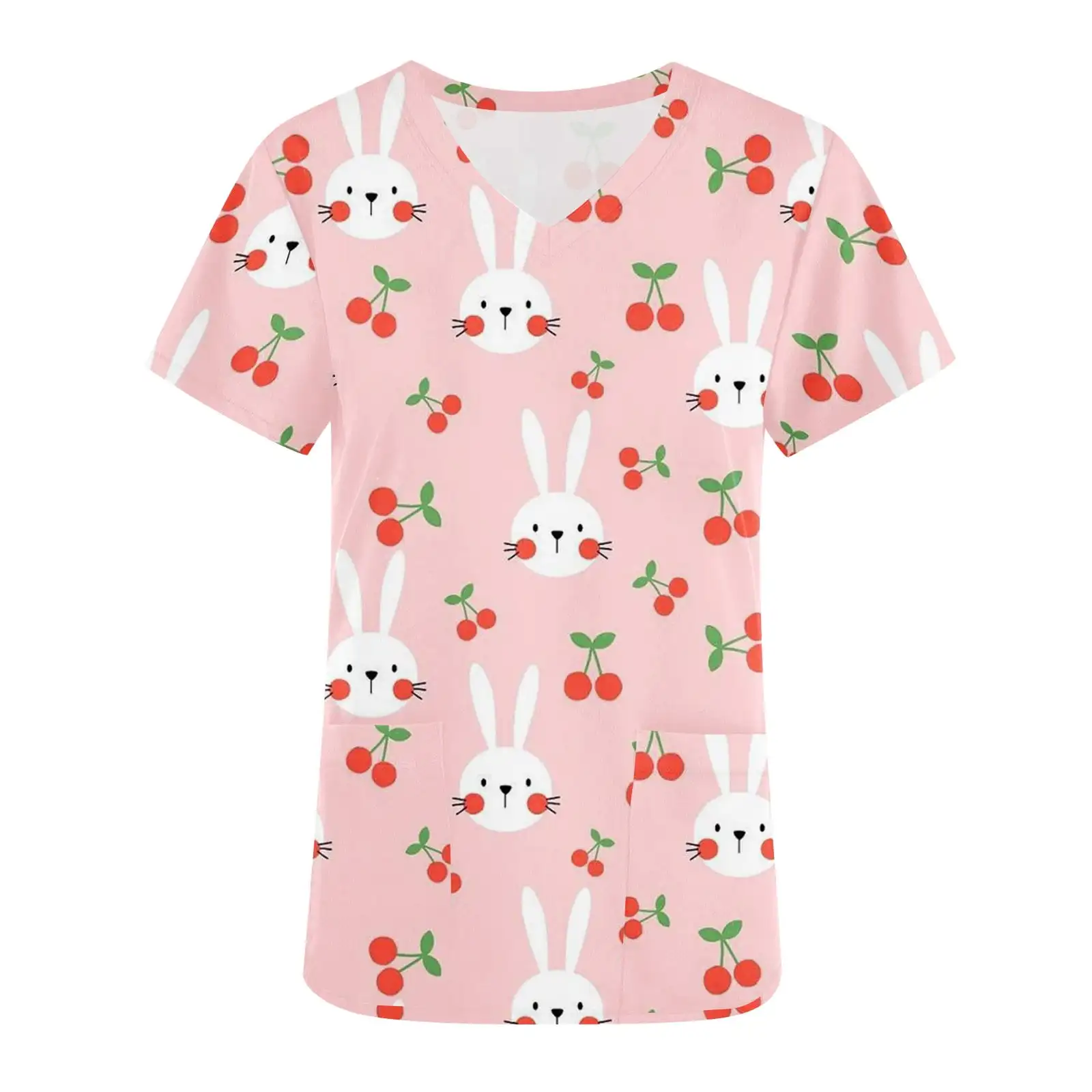 Uniforme médico con estampado de dibujos animados de conejo para mujer, Blusa de manga corta con cuello en V y doble bolsillo, uniformes quirúrgicos para mujer