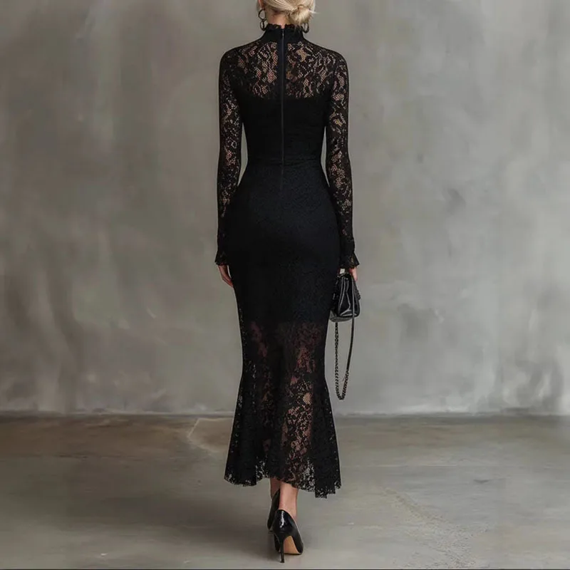 ชุดเดรสทรงเมอร์เมดผ้าลูกไม้เซ็กซี่ โชว์ชายกระโปรง  คอเต่า  ทรงเข้ารูป  แขนยาว  สำหรับงานปาร์ตี้  ฤดูใบไม้ผลิ/ฤดูใบไม้ร่วง