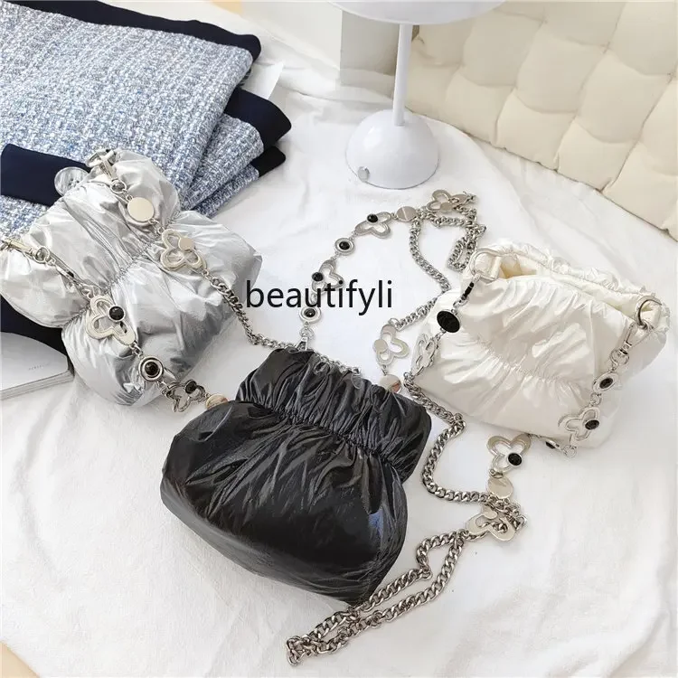 yj Chain Square down Bag Pleated Cotton Clothing Bag Chain Bag