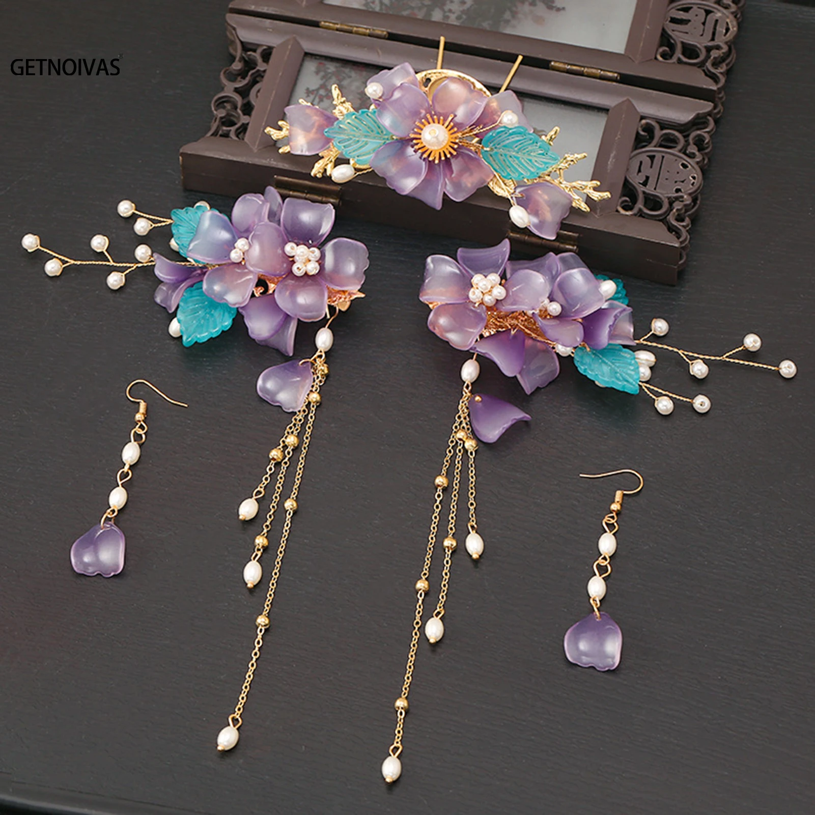 Retro Flower Hairpins Clips Hair Sticks Forks Pendant Earrings Jewelry Sets Chinese Hair Accessories for Women Girls Hanfu Dress