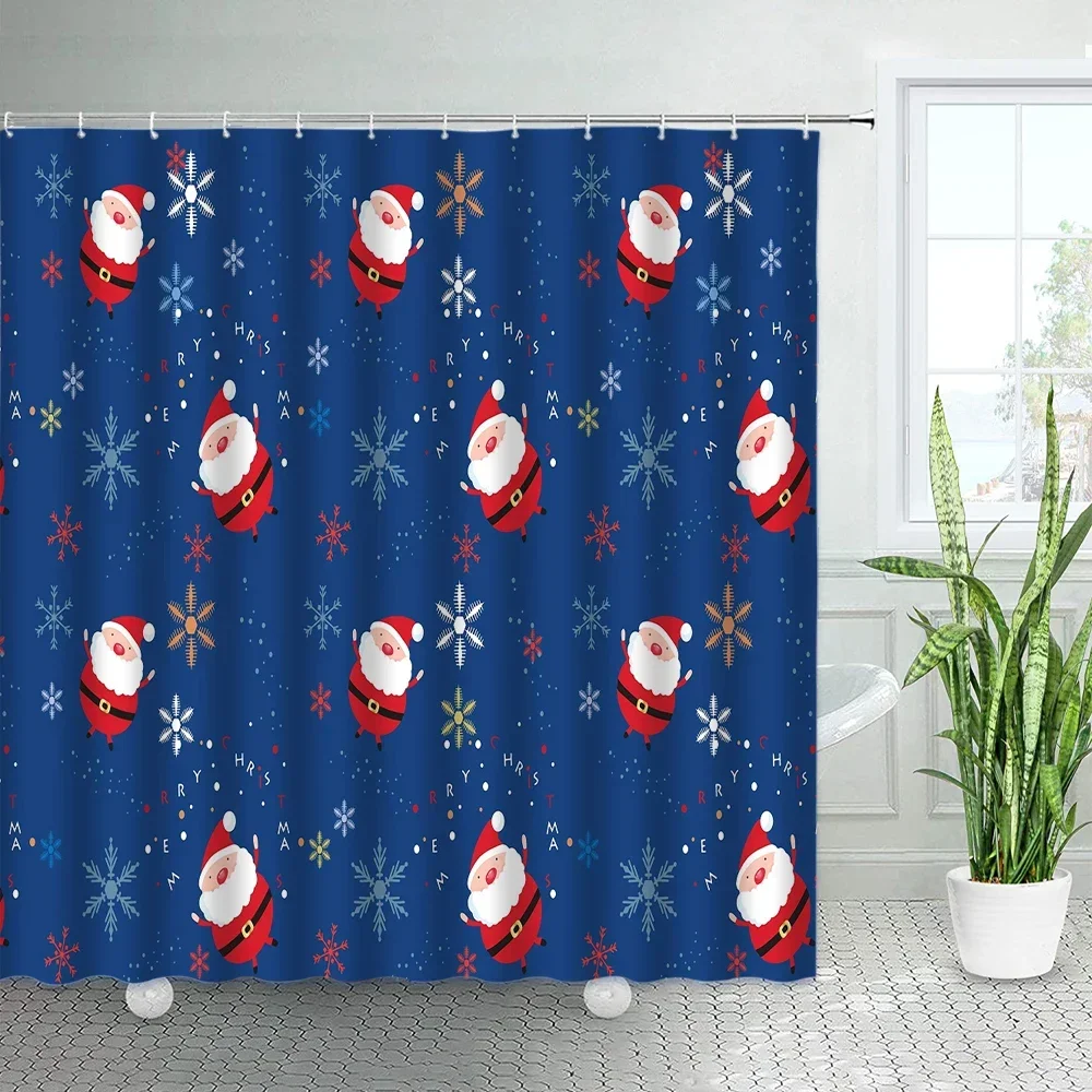 Cartoon Santa Claus Christmas Shower Curtains Color Snowflake Blue Backdrop Decor New Year Xmas Bathroom With Hooks Bath Curtain