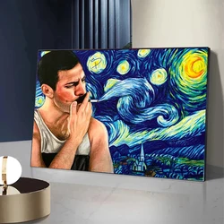Funny Van Gogh Starry Night Freddie Mercury Smoking Poster Prints Canvas Painting Wall Art for Living Room Home Decoration