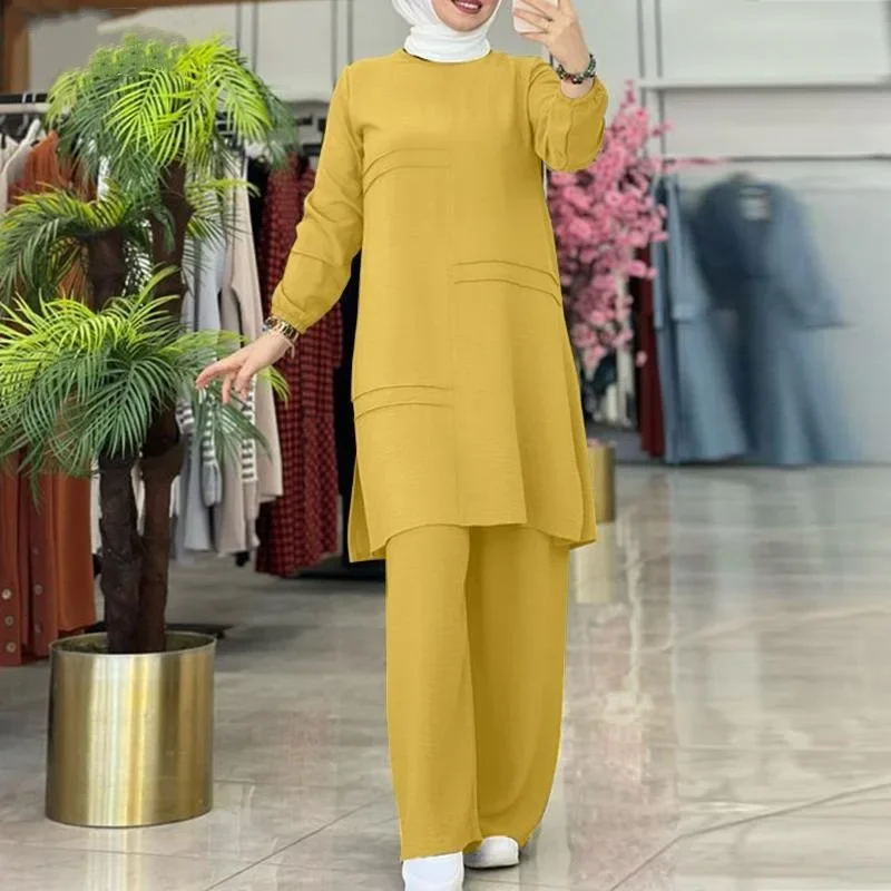 

Fashion Elegance Abayas Sportswear 2ps Muslim Set Elegant Vintage Long-sleeved Shirt and Loose Wide-leg Pant Casual Muslim Dress