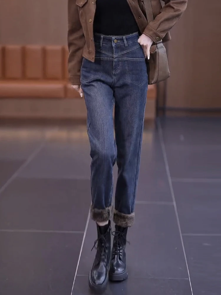 

High Waist Thickened Fleece Straight Leg Jeans Women's Autumn Winter New Style Dreamy Huiyi Casual Cotton Stretch Denim